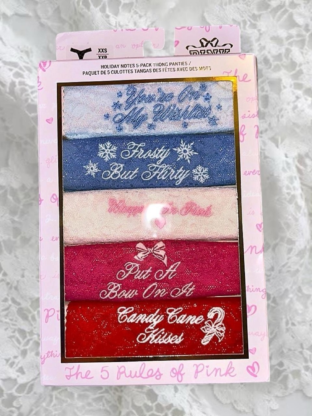 PINK x LoveShackFancy Holiday Notes 5-Pack Thong Panties in XXS 🐩💗
